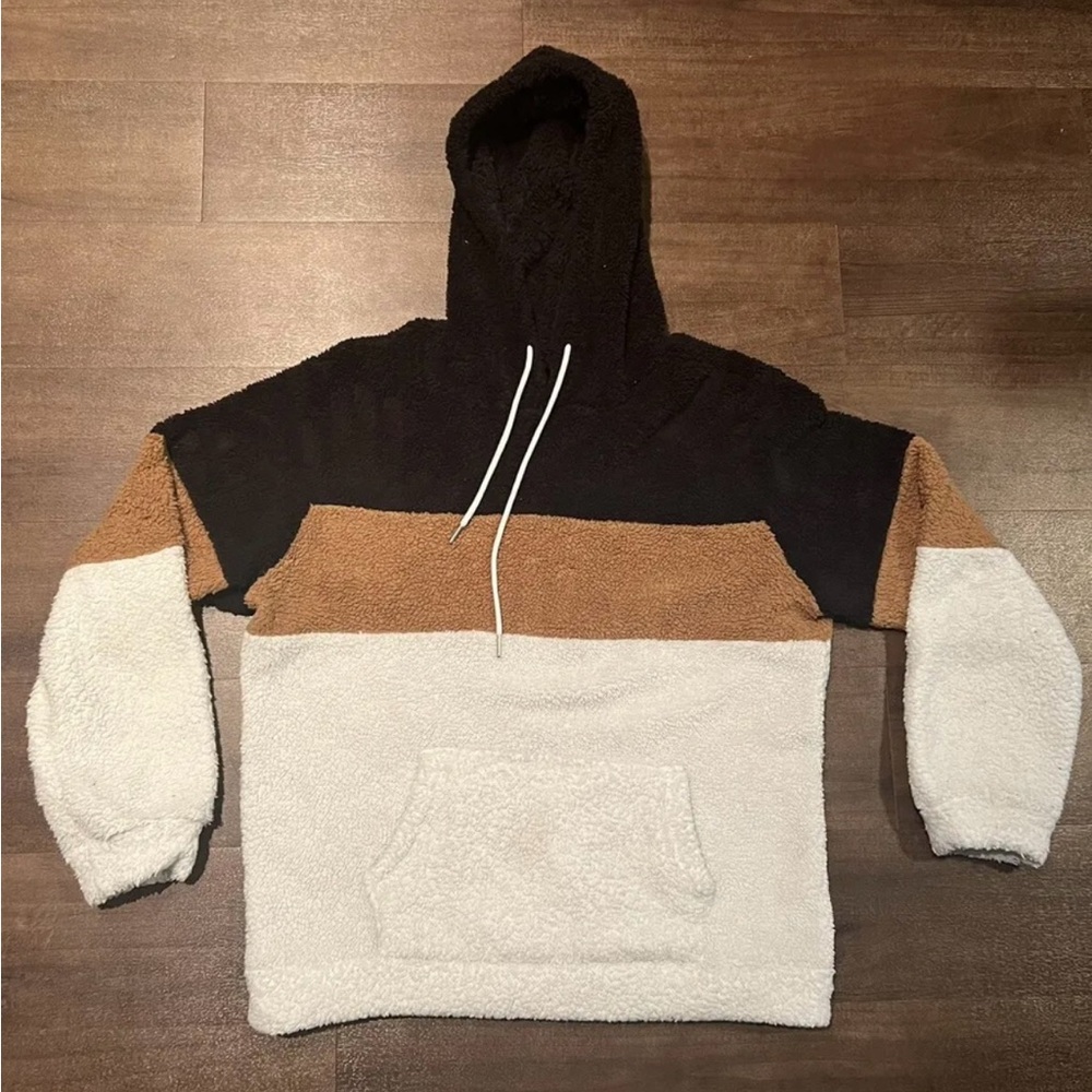 Warm Plush Pullover Hoodie Kangaroo Pocket Black, Brown, White Colorblock
